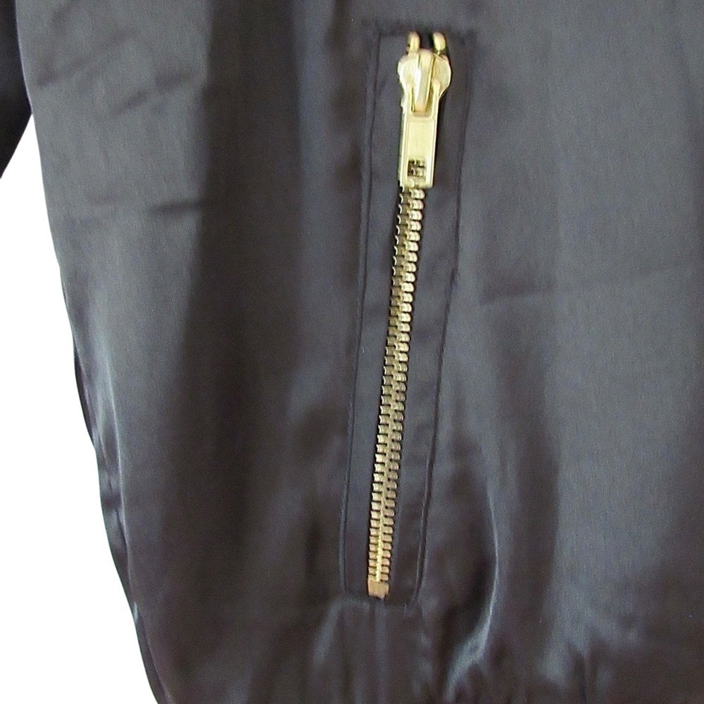 Lucky Brand Satin Bomber Jacket Small Black Embroidered Floral Bird Boho Pockets - Picture 5 of 10